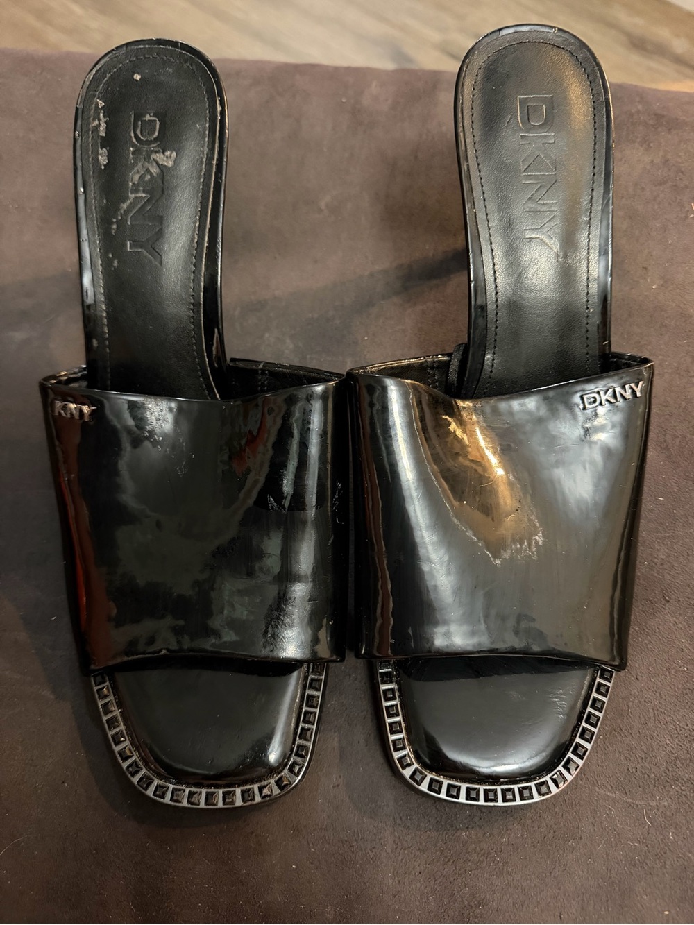 DKNY Black Patent Slide Mules with Branded Detail